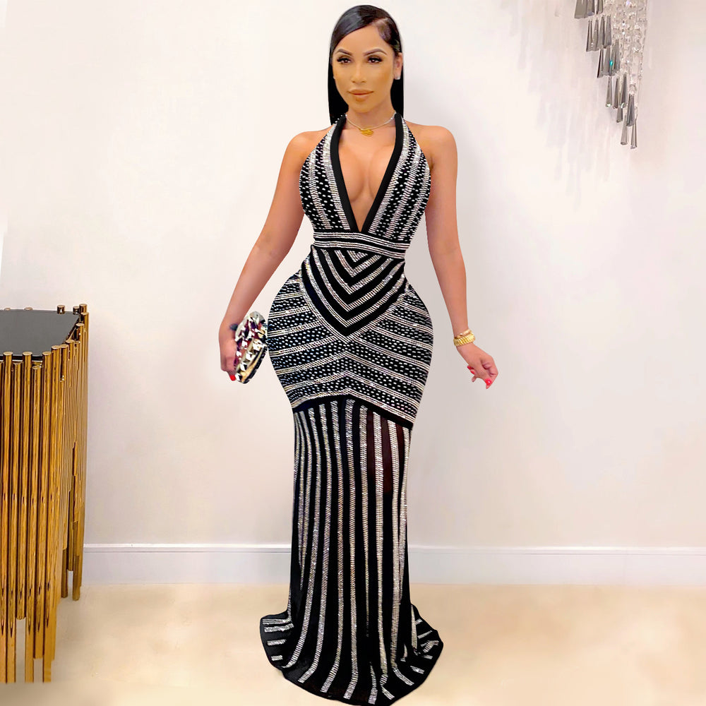 X3816 european and american fashion   sexy deep v backless nightclub party dress rhinestone embellished see-through maxi dress