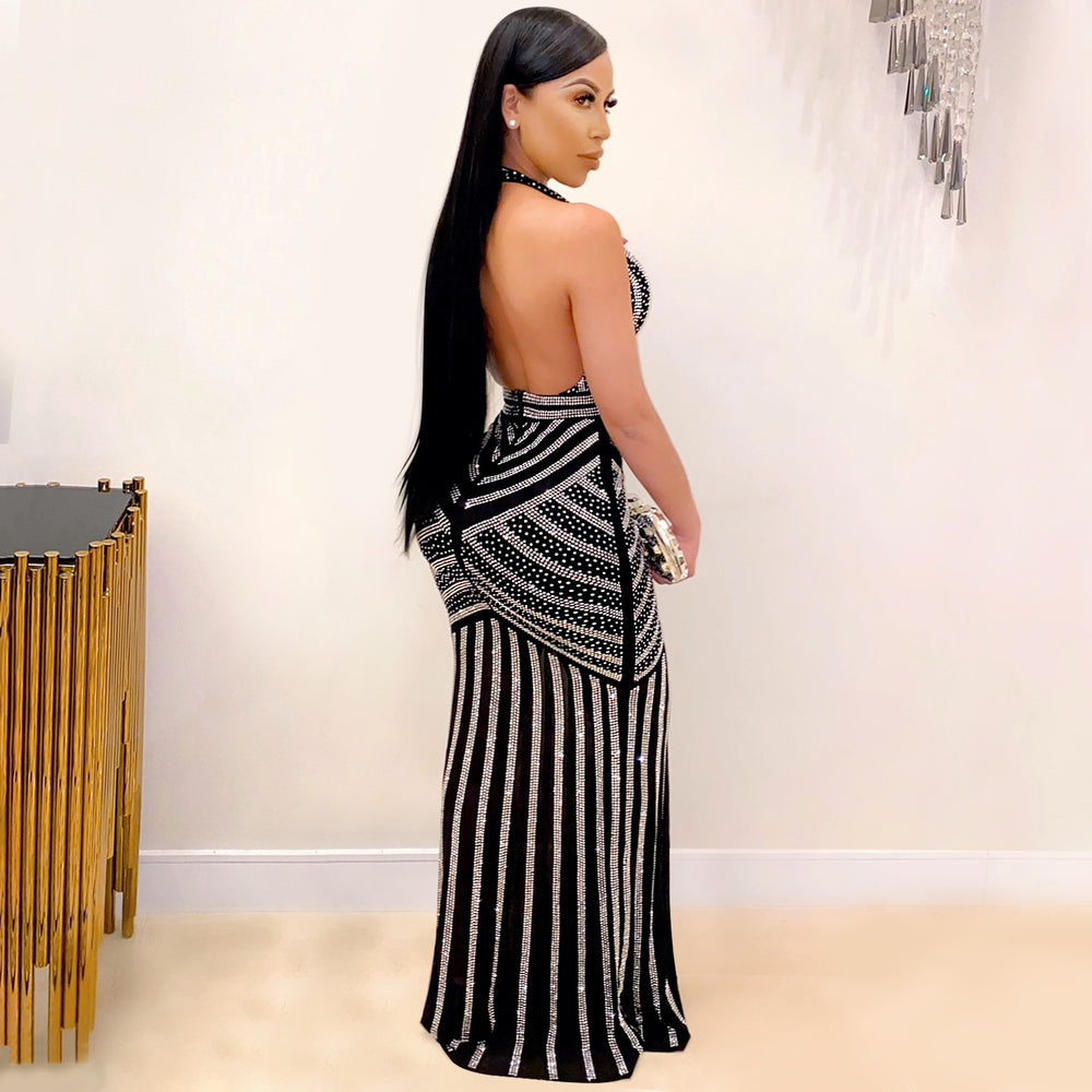X3816 european and american fashion   sexy deep v backless nightclub party dress rhinestone embellished see-through maxi dress
