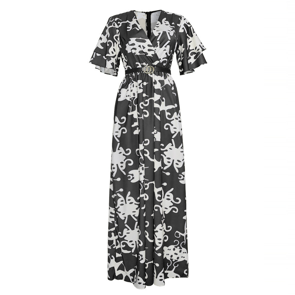 European and american plus size  new arrival cross-border export elegant socialite v-neck floral dress  women's dress