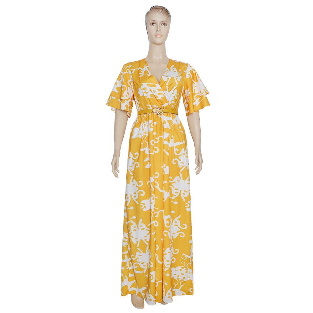 European and american plus size  new arrival cross-border export elegant socialite v-neck floral dress  women's dress