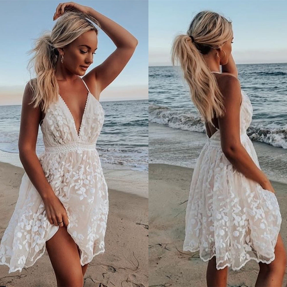 new  &  style women's fashion european and american export lace trim maxi dress - v-neck backless dress