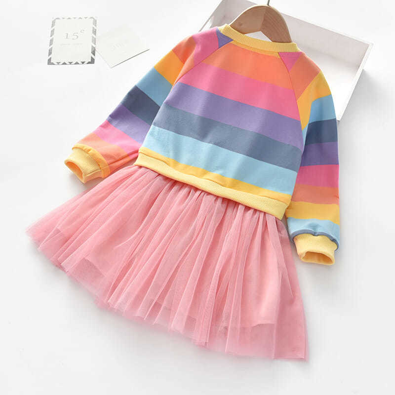 Girls' spring new arrivals: rainbow striped sweatshirt dress with chic mesh princess skirt for toddlers