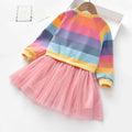 Girls' spring new arrivals: rainbow striped sweatshirt dress with chic mesh princess skirt for toddlers