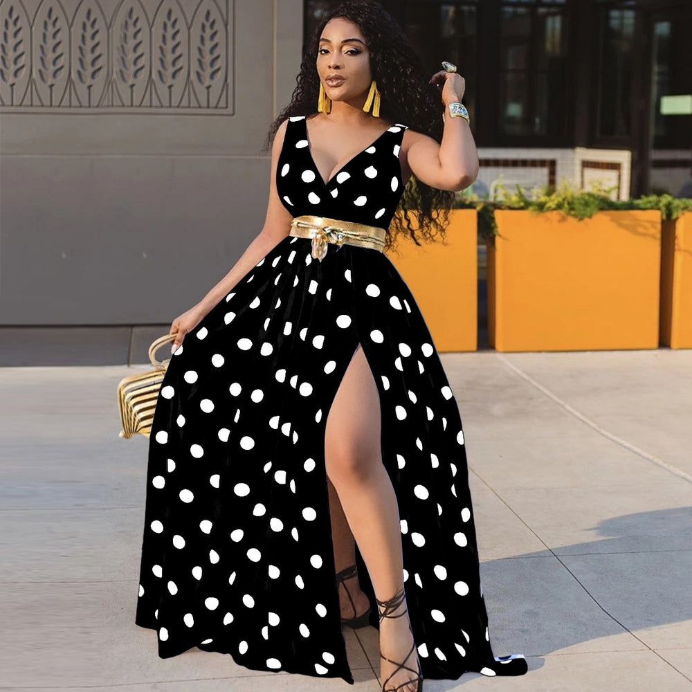 new cross-border women's apparel: -ready sleeveless printed polka dot sexy slit dress with belt