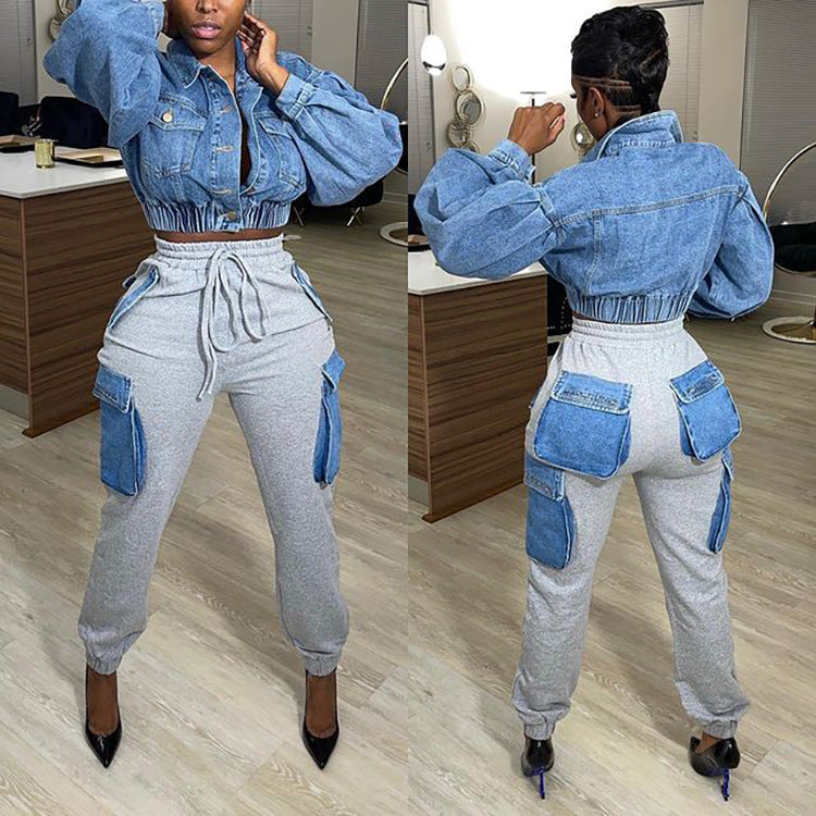 European and american style women's casual pants -  cross-border women's fashion streetwear inspired denim-look high-waisted cargo pants with large pockets