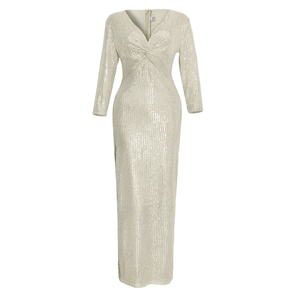 e-commerce african women's clothing, multi-color v-neck sequin long-sleeved mermaid evening gown, european and american style dress