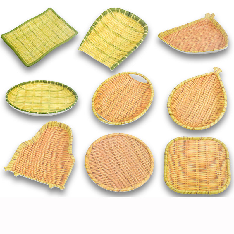 Bamboo woven disc plastic hot pot dish plate restaurant large plate barbecue plate farmhouse tableware green roast chicken plate banquet