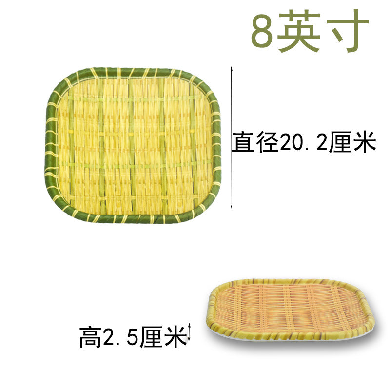 Bamboo woven disc plastic hot pot dish plate restaurant large plate barbecue plate farmhouse tableware green roast chicken plate banquet