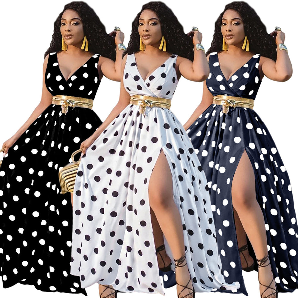 new cross-border women's apparel: -ready sleeveless printed polka dot sexy slit dress with belt