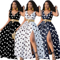 new cross-border women's apparel: -ready sleeveless printed polka dot sexy slit dress with belt