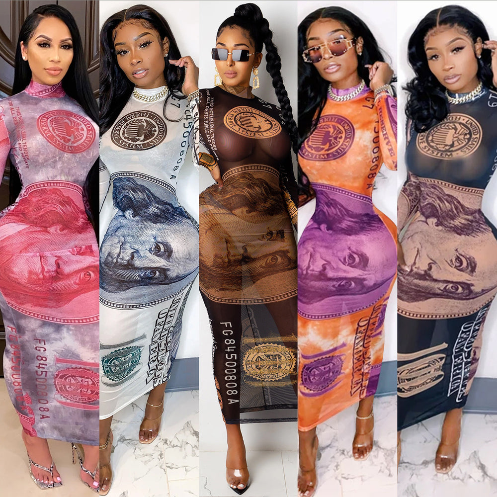 X3766 autumn/winter new arrivals: european & american style,  &  hot-selling, sexy mesh see-through, placement print, dollar sign dress