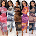 X3766 autumn/winter new arrivals: european & american style,  &  hot-selling, sexy mesh see-through, placement print, dollar sign dress