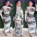 X3766 autumn/winter new arrivals: european & american style,  &  hot-selling, sexy mesh see-through, placement print, dollar sign dress