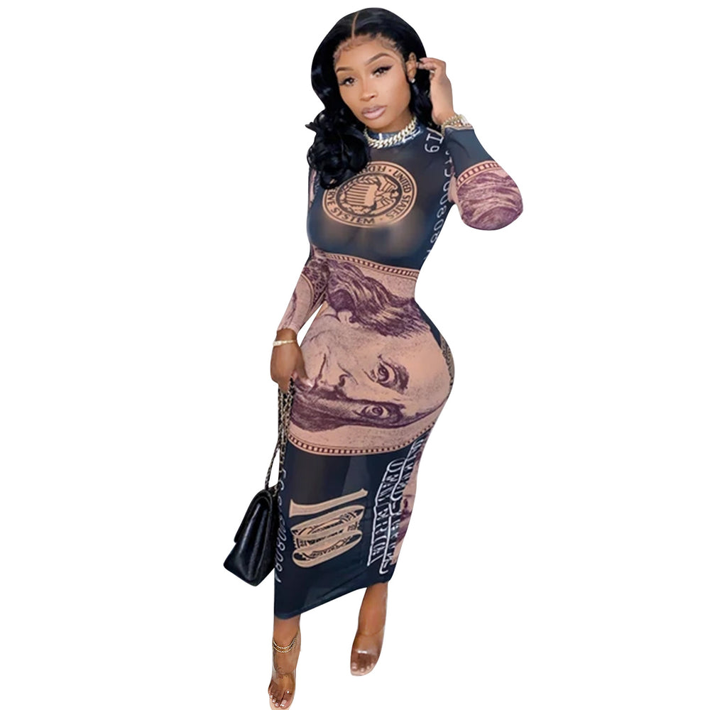 X3766 autumn/winter new arrivals: european & american style,  &  hot-selling, sexy mesh see-through, placement print, dollar sign dress