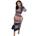 X3766 autumn/winter new arrivals: european & american style,  &  hot-selling, sexy mesh see-through, placement print, dollar sign dress