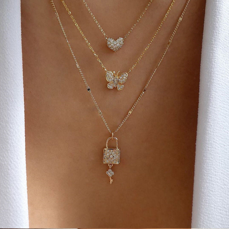 Butterfly love necklace wholesale fashionnew arrivalstylish jewelry key pendant multi-layer women's street photography crystal sweater chain