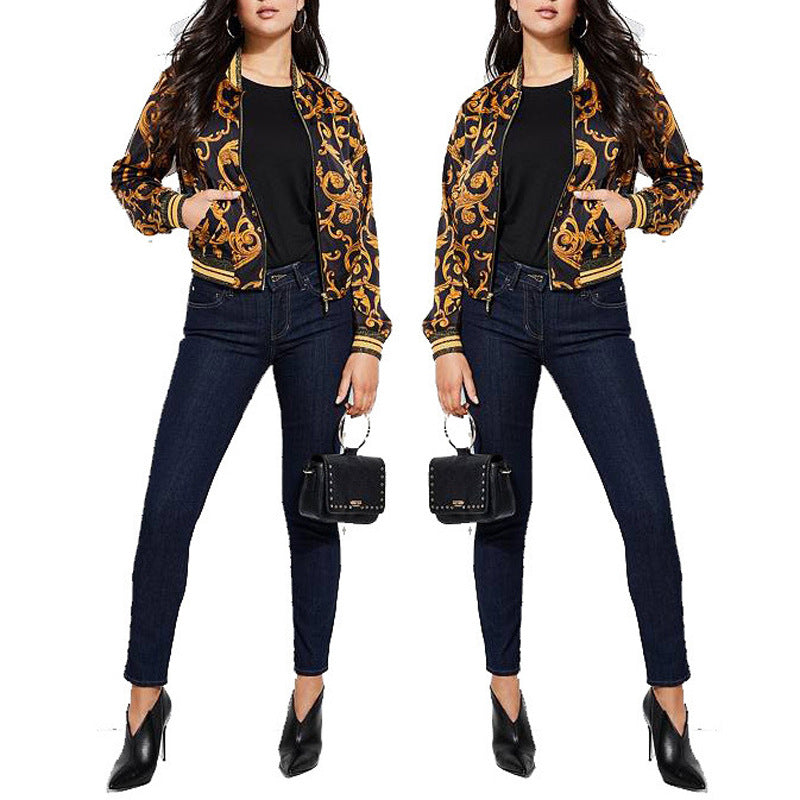 2020 autumn and winter    supply print zipper long-sleeved jacket baseball jacket women