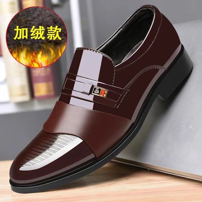 Winter leather shoes men's business formal shoes plus size slip-on fleece-lined cotton shoes men's shoes versatile casual wedding shoes