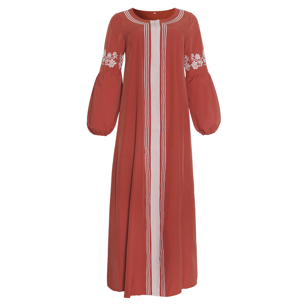 Women's cross-border fashion: new long-sleeve embroidered ethnic style color block patchwork dress/robe