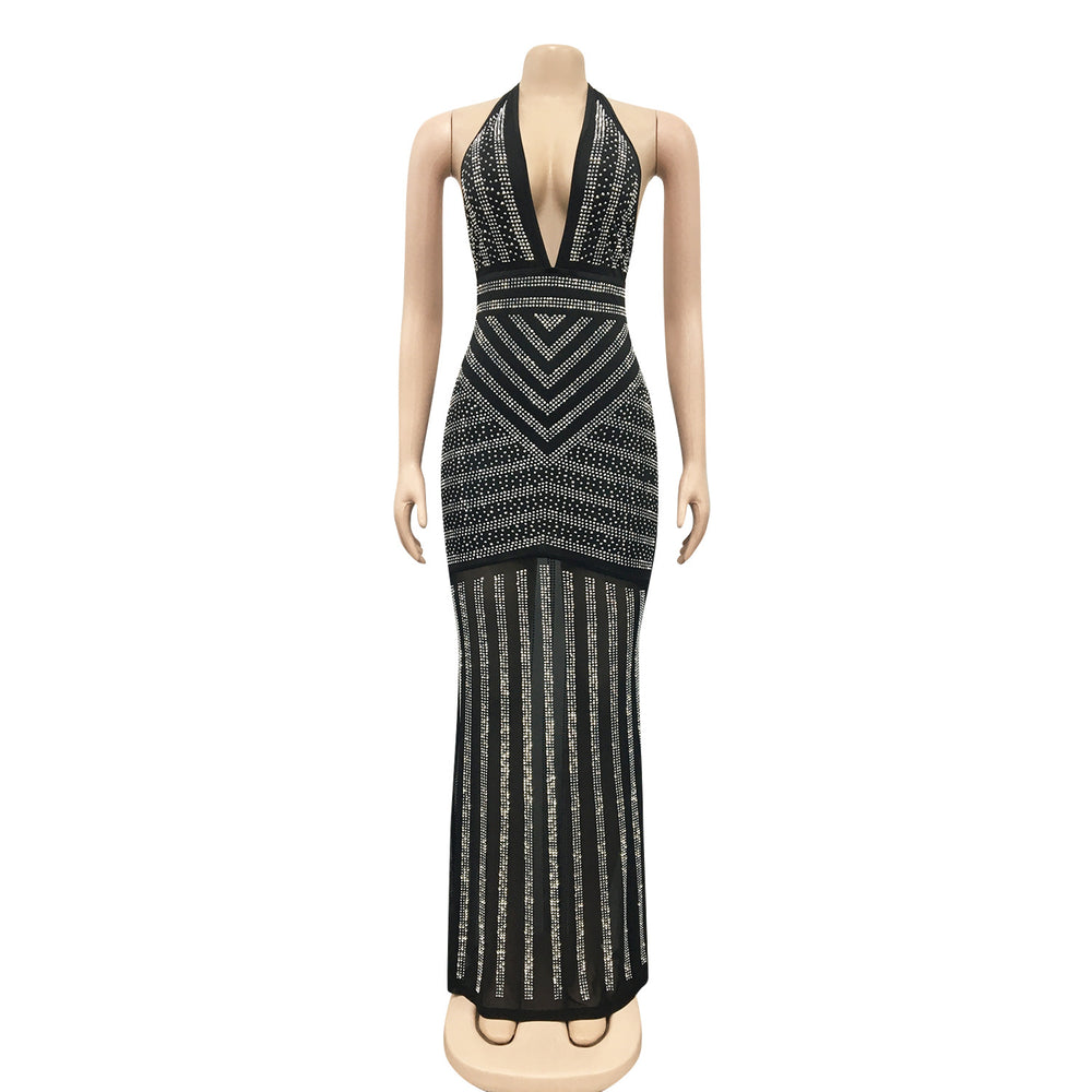 X3816 european and american fashion   sexy deep v backless nightclub party dress rhinestone embellished see-through maxi dress