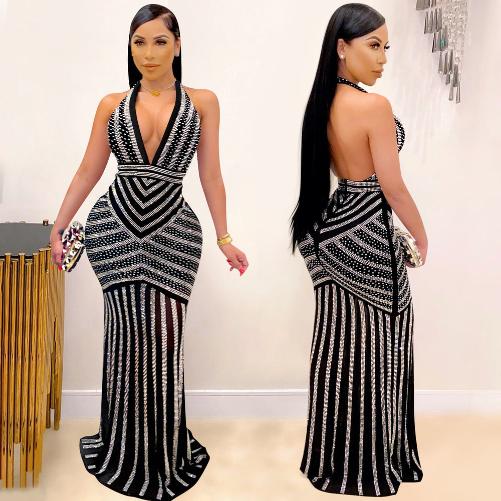 X3816 european and american fashion   sexy deep v backless nightclub party dress rhinestone embellished see-through maxi dress