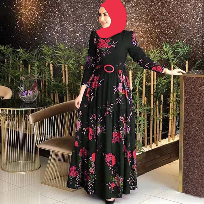2025 spring new arrival: printed mid-waist four-color elegant commute four-way stretch printed non-fleece maxi dress