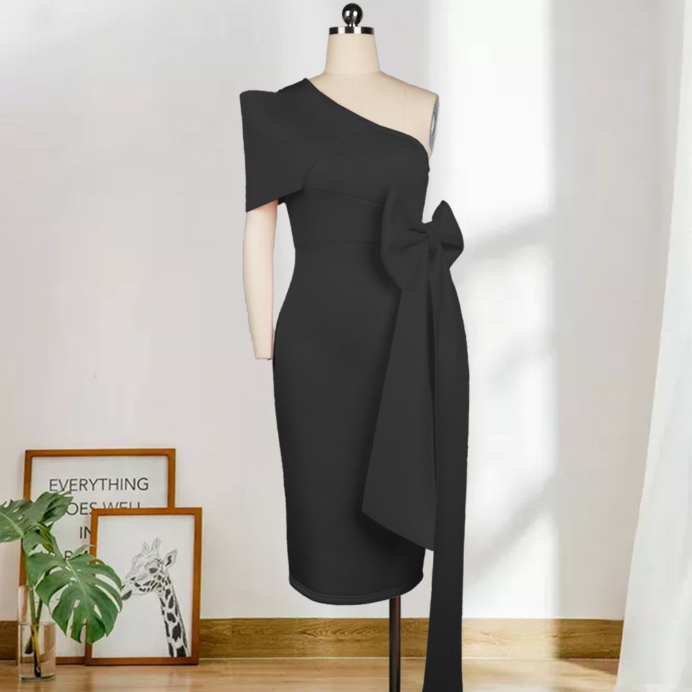 Sexy shoulder bow hip skirt high waist large size slim pencil skirt, women's dress dress