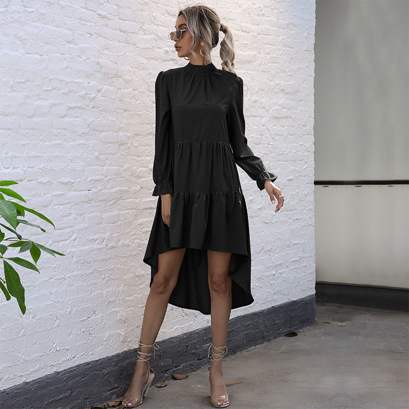 Europe, America, hot-selling  independent station  fashion women's clothing solid color long-sleeved irregular semi-turtleneck dress