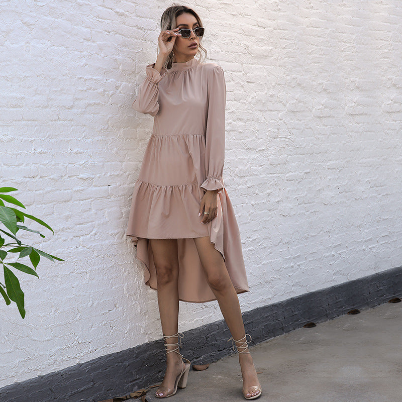 Europe, America, hot-selling  independent station  fashion women's clothing solid color long-sleeved irregular semi-turtleneck dress