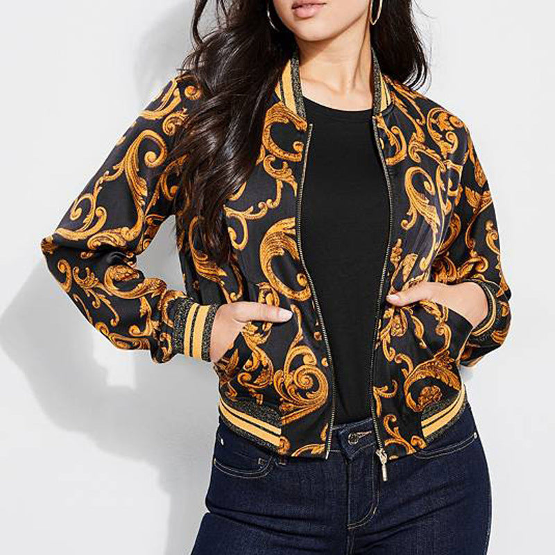 2020 autumn and winter    supply print zipper long-sleeved jacket baseball jacket women