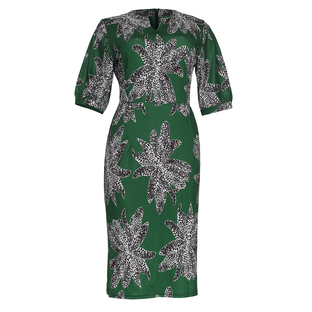 African women's plus size half-open collar dress - leopard print bodycon pencil skirt - available on  &