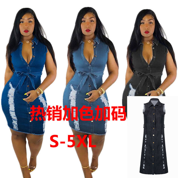 denim eBay wish Europe and America sexy fashion sleeveless, grinding hole sexy denim dress