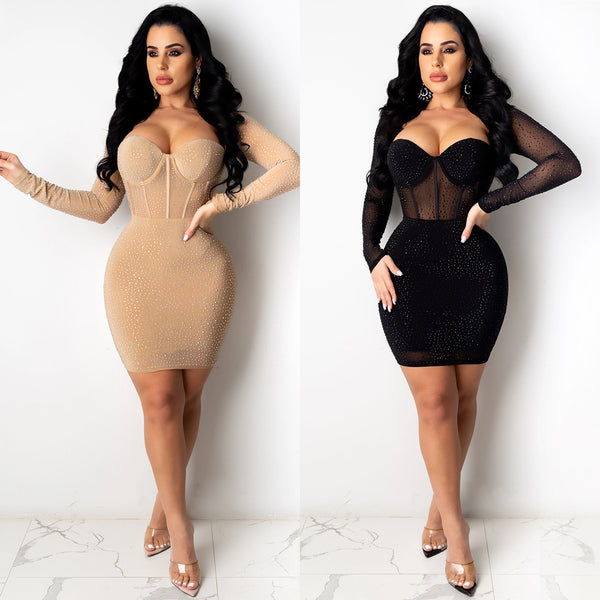 X3851  new product wish   European and American women's clothing nightclub hot diamond perspective dress mid-skirt