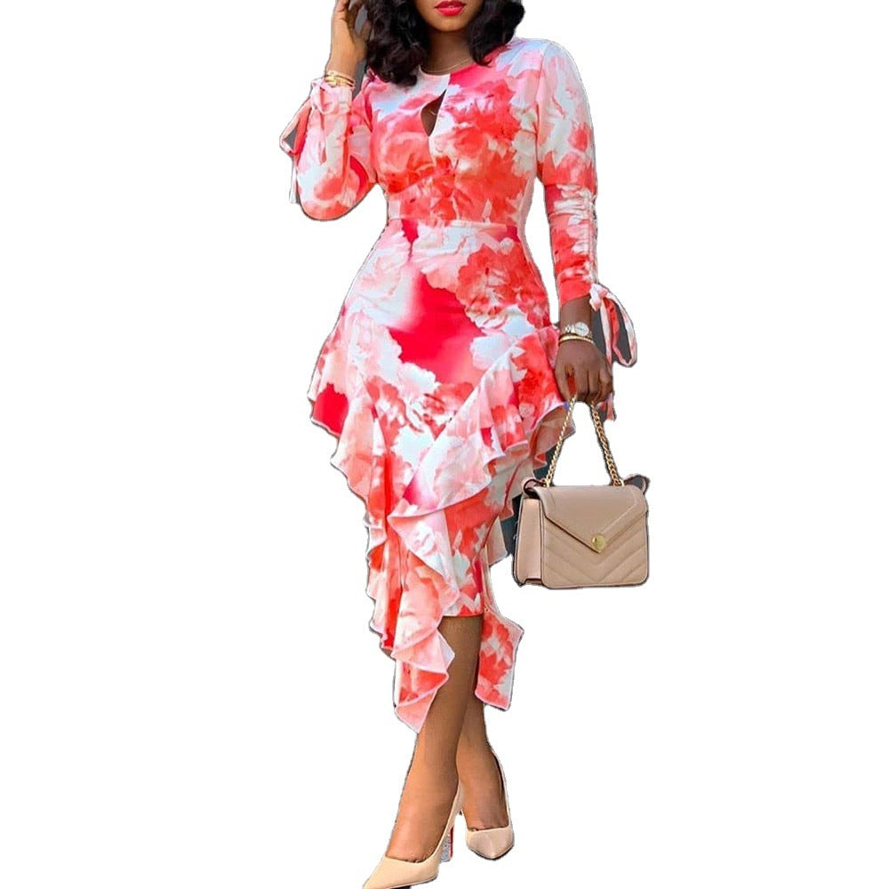 inspopular independent station  fall and winternew arrivalcommutingprintingruffles hip-covering one-step dress