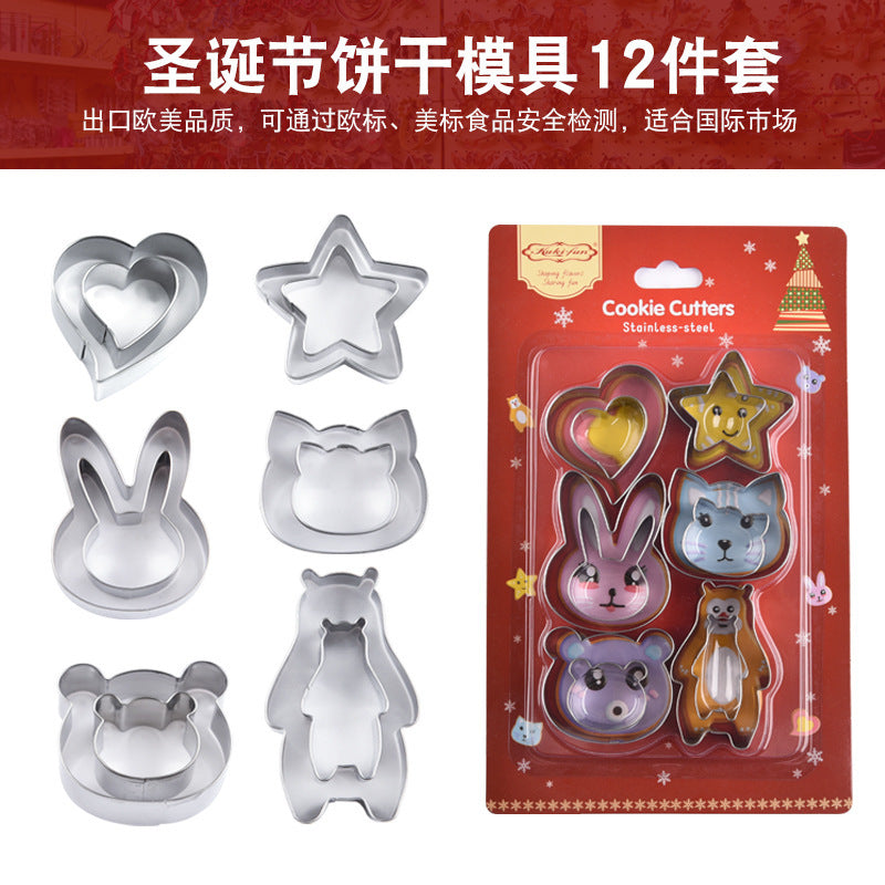 New stainless steel animal 12-piece set: bear, rabbit, cat-shaped cookie cutters & stamps - diy baking tools - in stock