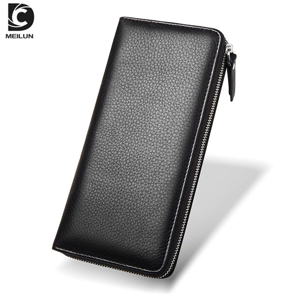 Factory customized simple multi-card position pure black men's wallet business casual long zipper card holder ID card bag