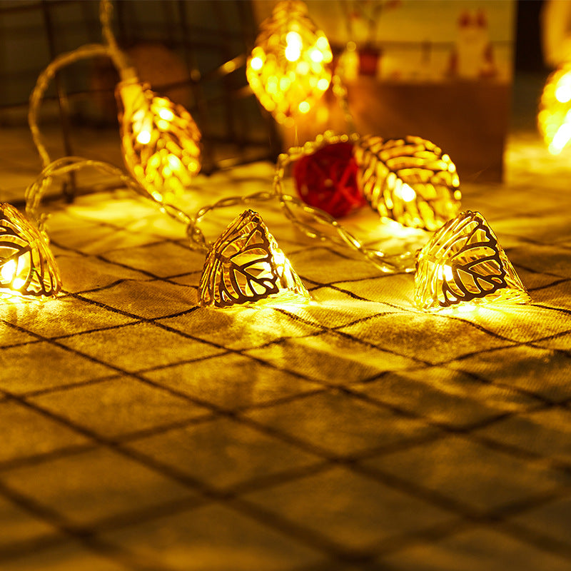 Cross-border new products led wrought iron gold leaf light string hollow gold leaf string light Christmas light decorative lights flashing lights