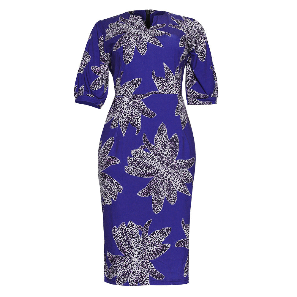 African women's plus size half-open collar dress - leopard print bodycon pencil skirt - available on  &