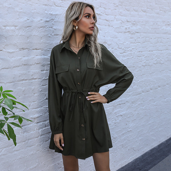 Yanxuan Independent Station Early Autumn Double Drawstring Shirt Skirt European and American Solid Color French Lapel Long Sleeve Shirt Dress