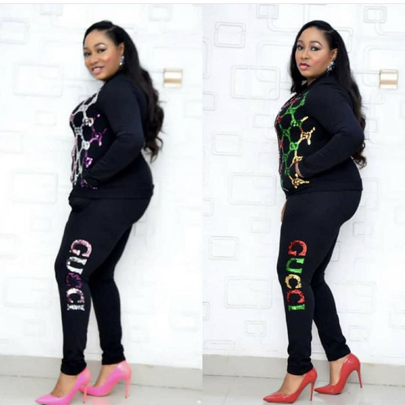 Clearance sale: factory direct sequin long sleeve jacket & slim fit pencil pants set - sporty & stylish