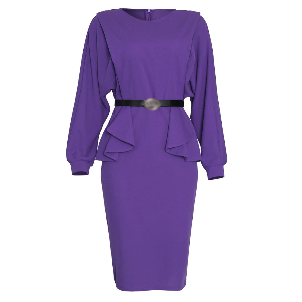 sourcing:  autumn new arrivals - african plus size women's mid-length solid color high-waisted office lady commute dress with belt