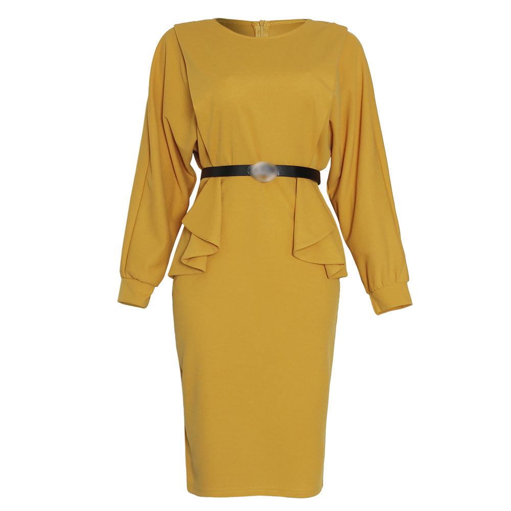 sourcing:  autumn new arrivals - african plus size women's mid-length solid color high-waisted office lady commute dress with belt