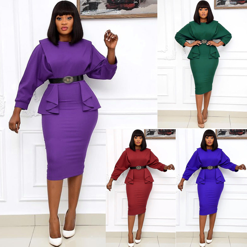 sourcing:  autumn new arrivals - african plus size women's mid-length solid color high-waisted office lady commute dress with belt