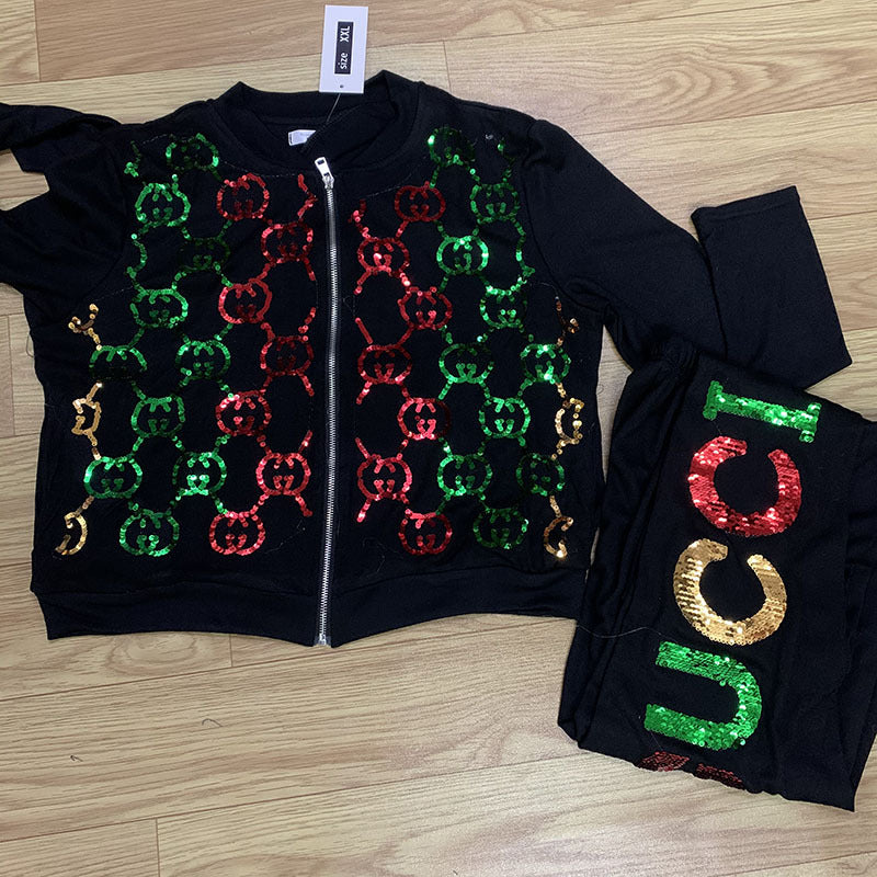 Clearance sale: factory direct sequin long sleeve jacket & slim fit pencil pants set - sporty & stylish
