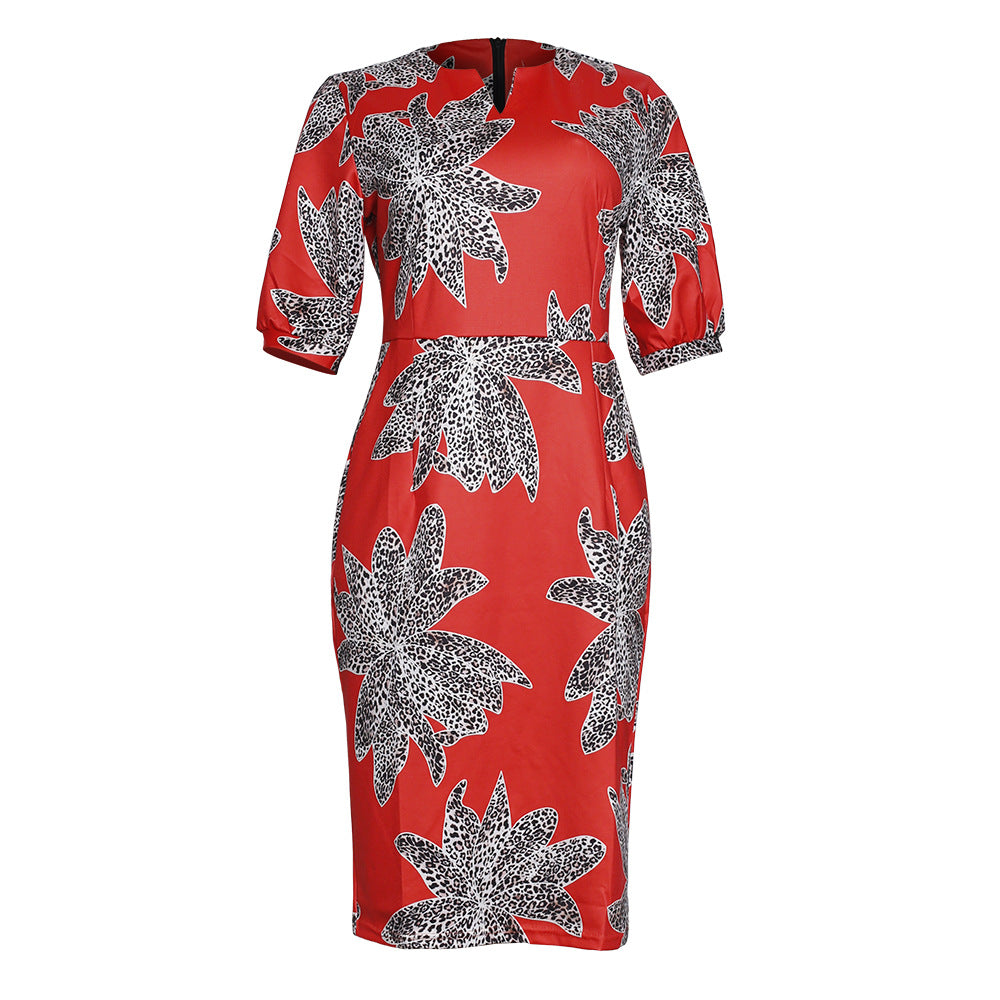 African women's plus size half-open collar dress - leopard print bodycon pencil skirt - available on  &