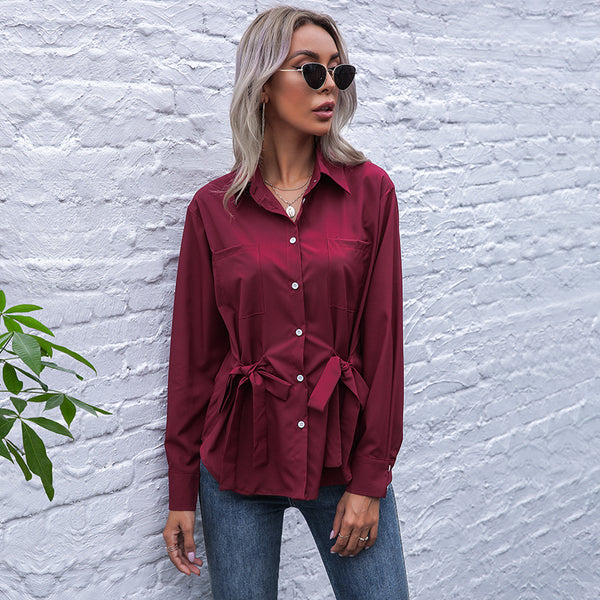 Yanxuan Independent Station Cross-border Foreign Trade European and American Solid Color Women's Clothing Slim-fit Waist Strap Lapel Long Sleeve Red Shirt