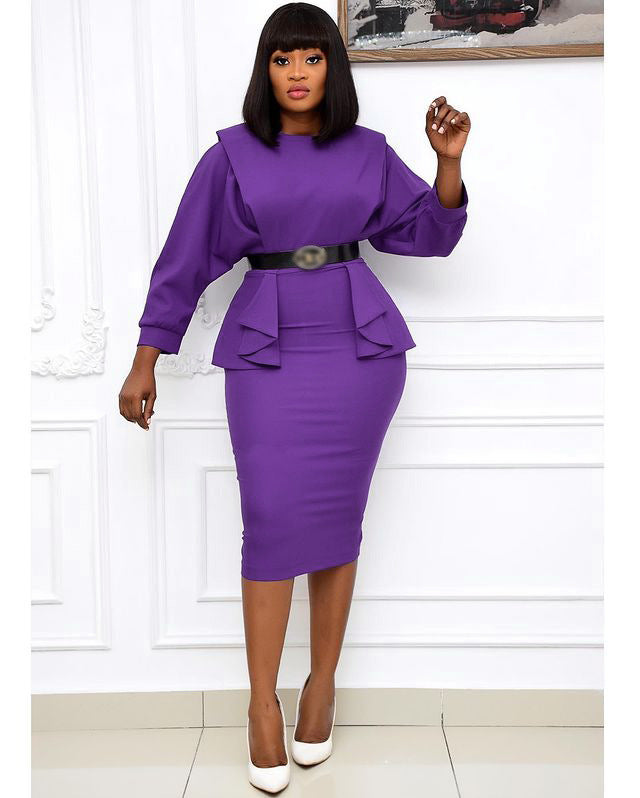 sourcing:  autumn new arrivals - african plus size women's mid-length solid color high-waisted office lady commute dress with belt