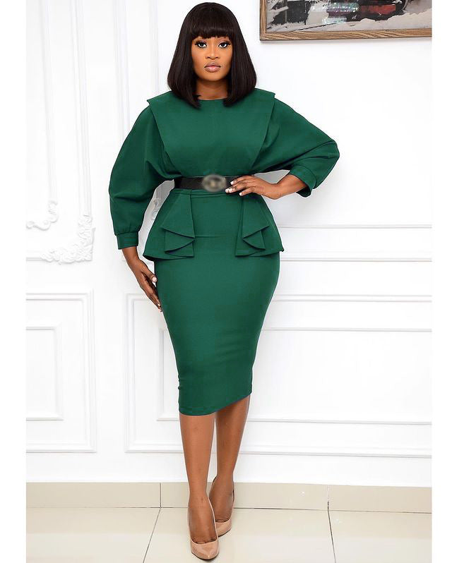 sourcing:  autumn new arrivals - african plus size women's mid-length solid color high-waisted office lady commute dress with belt
