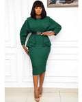 sourcing:  autumn new arrivals - african plus size women's mid-length solid color high-waisted office lady commute dress with belt