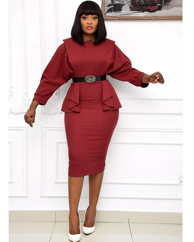 sourcing:  autumn new arrivals - african plus size women's mid-length solid color high-waisted office lady commute dress with belt